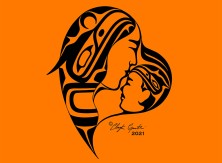 Indigenous artwork, black heart on orange background.