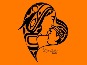 Indigenous artwork, black heart on orange background.